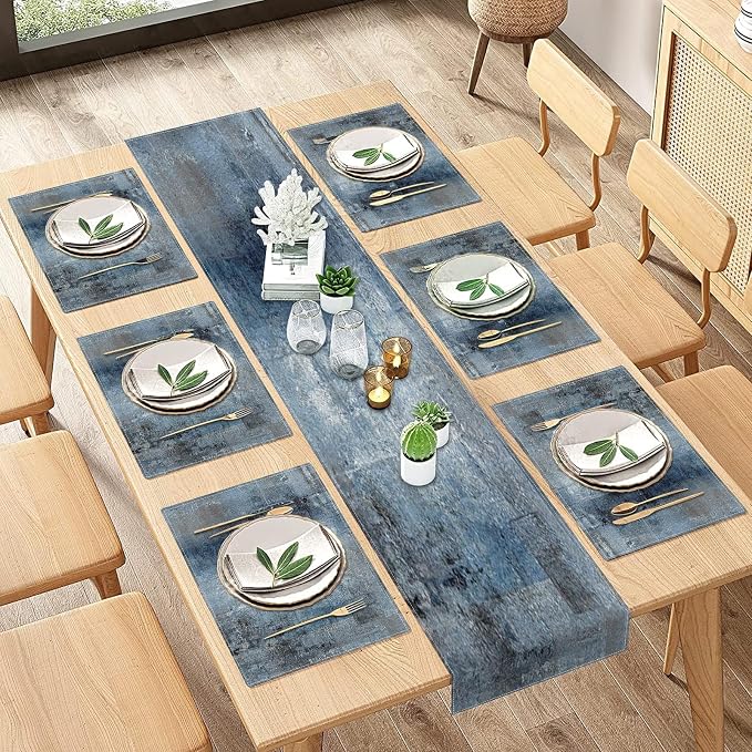 Table Runner and Placemats Set of 6, Vintage Blue Gray Art | Abstract Farmhouse by ArtSocket
