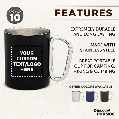 Custom Stainless Steel Mugs with Carabiner Handle 10 oz. Set of 10, Personalized Bulk Pack - Perfect for Coffee, Soda, Other Hot & Cold Beverages - Black