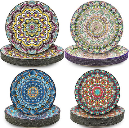 100PCS Boho Paper Plates 7Inch & 9Inch, Vintage Bohemian Disposable Dinnerware Plates for Birthday Gatherings Holiday Favor Baby Shower Party Supplies,50 Guests(Blue,Green,Red,Pink)