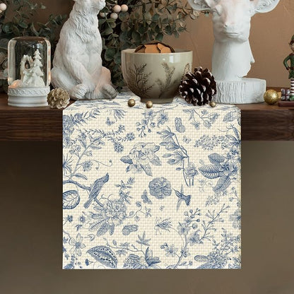 Blue Flower Burlap Table Runner Seasonal Spring Fall Kitchen Dining Linen Table - Image 2