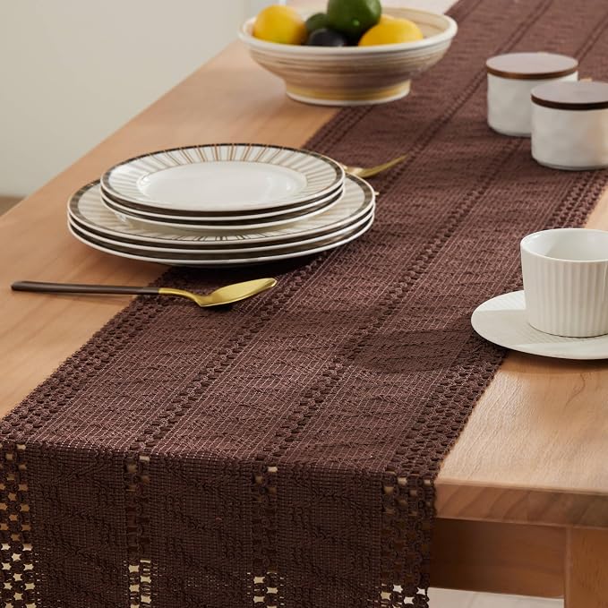 Macrame Style Boho Table Runner, 12x60 Inch Chocolate | Woven Boho Table Runner - Image 5