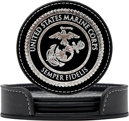 USMC Leather Coaster Set - 4 Premium Coasters with Hot Stamped Foil US Marines EGA Logo - Marine Corps Gift | USMC Leather Coasters