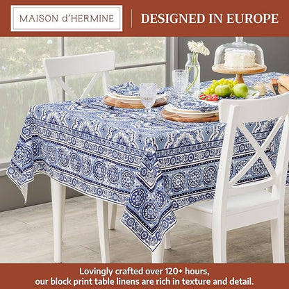 Maison d' Hermine Table Cloth Rectangle Table 100% Cotton 60 x 120 Inches Tablecloth Reusable Decorative for Dining Room Farmhouse Home Valentines Day Decorations Spring Summer - Melodie Bleue