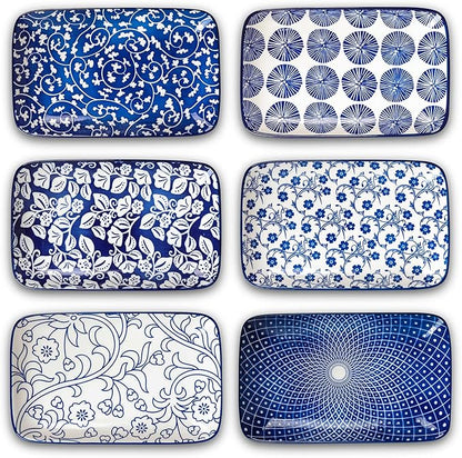 Selamica Ceramic 9.5 Inch Large Rectangular Salad Plates, Dinner Plates, Pasta Dessert Plates Serving Platters and Trays for Appetizer, Sushi, Fruit, Set of 6, Vintage Blue