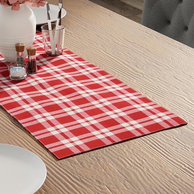 Encasa XO Table Runner, Woven Cotton Dining Runner 13"x36" | Franca Red Checks by EncasaXO