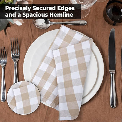 Urban Villa Cotton Dinner Napkins Set of 6, Highly Absorbent 20x20 Inches Premium Cloth Napkins Hotel Quality Reusable & Washable Table Dinner Napkins for Home & Weddings - Taupe/White, Checks