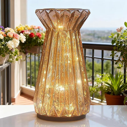 Home Decor, Mercury Glass Pillar Candle Pedestal Holders with led Lights, Lighted up Candle Holder for Pillar Candle, Glass Candlestick Holders with Timer for Wedding Dining Table Xmas (Rosegold)
