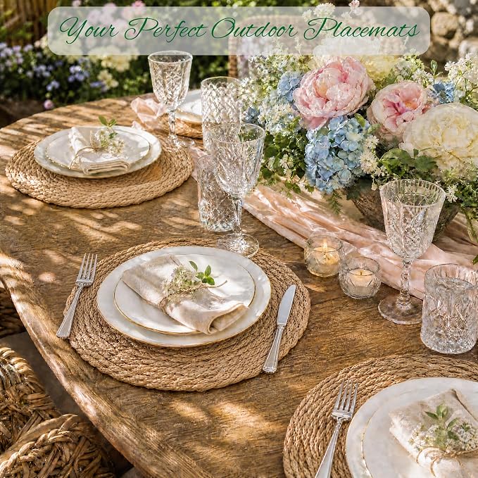 13.8'' Round Woven Placemats Set of 12, Boho Wicker Chargers, Terrekraft | - Image 3