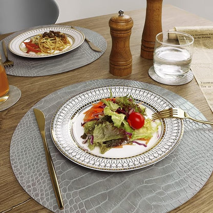 Round Leather Placemats for Round Tables Set of 6, Gray Table Place Mats and Coasters, Washable Easy to Care for Indoor Decor 13" Diameter