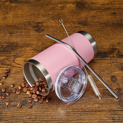 COMOOO 20oz 8 Pack Tumbler Double Wall Vacuum Insulated Coffee Travel Mug Stainless Steel Tumbler Bulk with Lid and Straw Insulated Coffee Cup for Cold & Hot Drinks (Pink, 8 Pack)