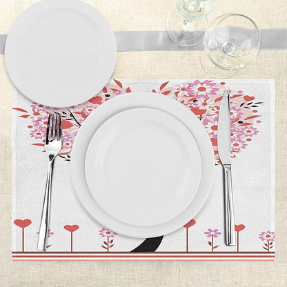 Ambesonne Valentine Place Mats Set of 8, Heart Shaped Tree Daisies Wildflowers Red Leaves Forest Romance Season Image, Washable Fabric Placemats for Dining Table, Placemat 8 pcs, Pink Red