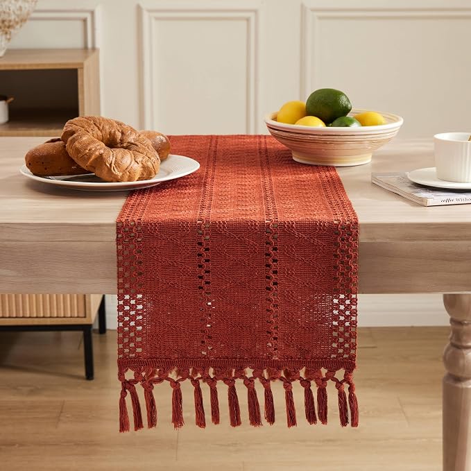 Macrame Style Boho Table Runner, 12x48 Inch Rust | Woven Boho Table Runner - Image 2
