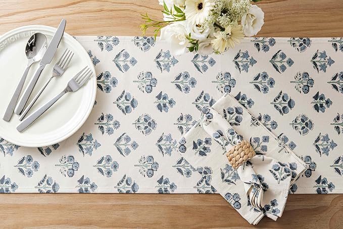 Block Print Floral Decorative Table Runners, 13x72 Inch Dusty Blue | 100% - Image 4
