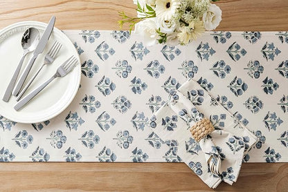 Block Print Floral Decorative Table Runners, 13x36 Inch Dusty Blue | 100% - Image 4