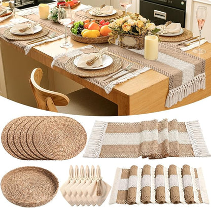 6 Sets Boho Decoration Placemats Round Woven Placemats, Cloth Napkins, Wood by Gandeer