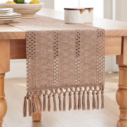 Macrame Style Boho Table Runner, 12x36 Inch Taupe | Woven Boho Table Runner - Image 7