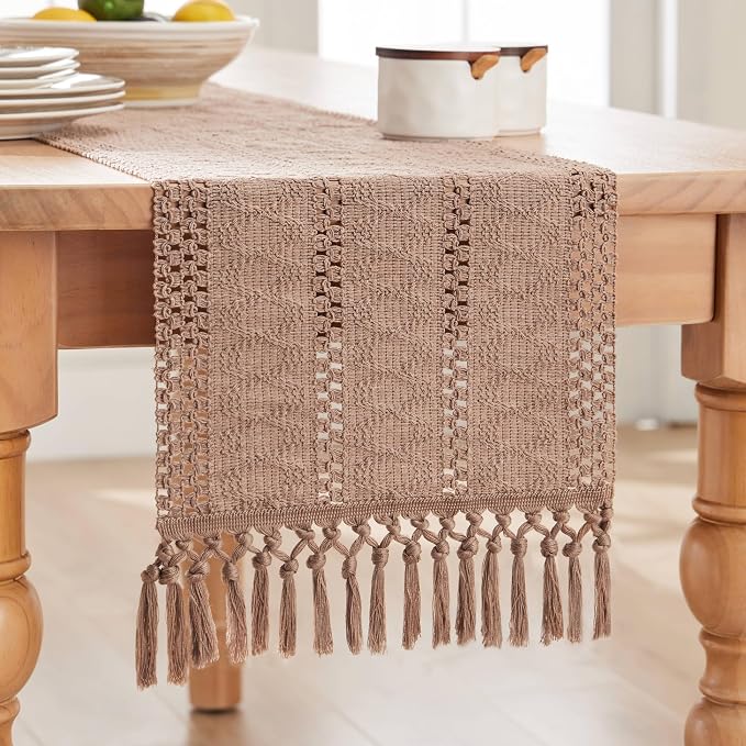 Macrame Style Boho Table Runner, 12x108 Inch Taupe | Woven Boho Table Runner - Image 7