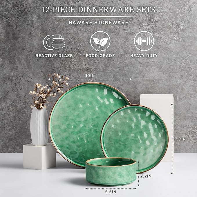 HaWare Dinnerware Sets, 12-Piece Plates and Bowls Set, Stoneware Dish Set - Image 2