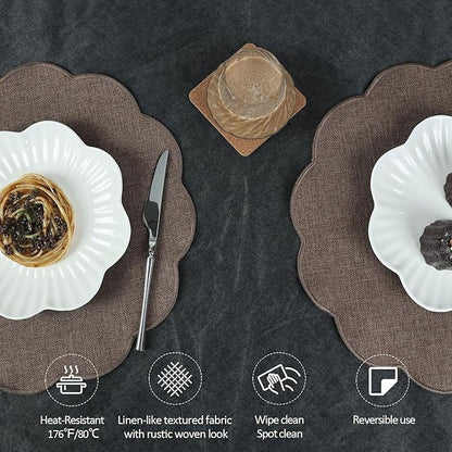 AHHFSMEI Round Faux Linen Placemats Set of 4 Waterproof Table Mats Heat Resistant Non-Slip and Stain Proof for Kitchen Dining Elegant Decor (Brown,4)