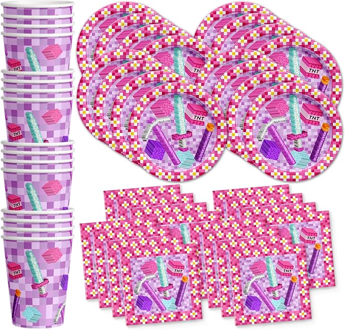 Girl Pixel Mining Birthday Party Supplies Set Plates Napkins Cups Tableware Kit by BirthdayGalore
