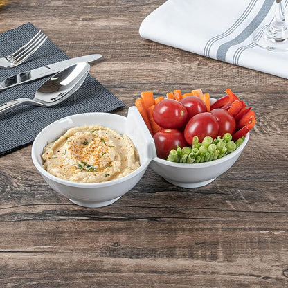 Restaurantware Voga 8.5 Ounce Divided Serving Dishes 10 Round Condiment Serving Dishes - 2 Compartments Serve Appetizers Snacks Dips Or Dressings White Melamine 2 Compartment Dishes