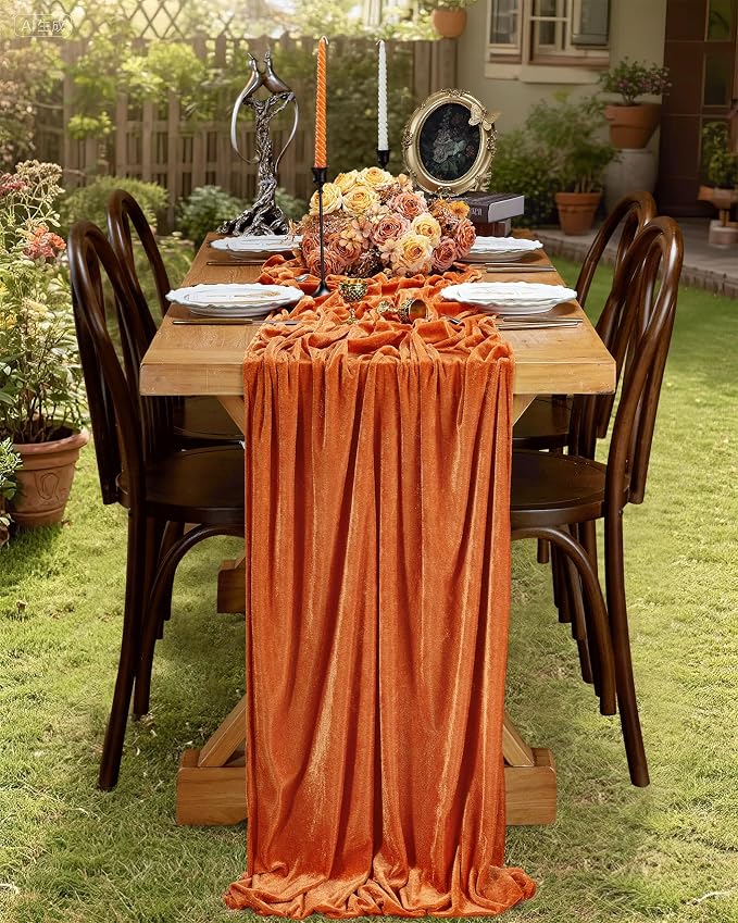 Orange Velvet Table Runner 29 x 120 Inches Fall Halloween Runners | 5 Pieces - Image 3