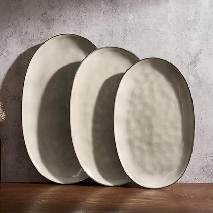 famiware Serving Platter, Oval 15.59/14.3/12.9 inch Serving Dishes for Entertaining, Serving Bowls, Dishwasher Safe, Stonware Serving Trays for Party, Turkey, Cheese, Reactive Glaze, Light khaki