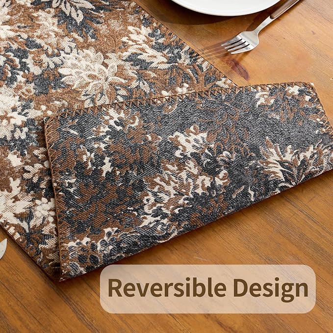 ORTIGIA Vintage Floral Table Runner, Boho Chenille Coffee Brown Farmhouse - Image 6