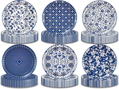 48 Pcs Blue and White Floral Party Paper Plates -7 Inch Disposable Vintage by OXYLIPO
