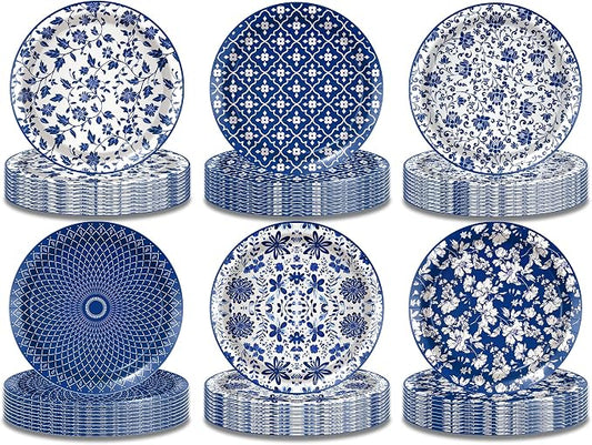 48 Pcs Blue and White Floral Party Paper Plates -7 Inch Disposable Vintage by OXYLIPO