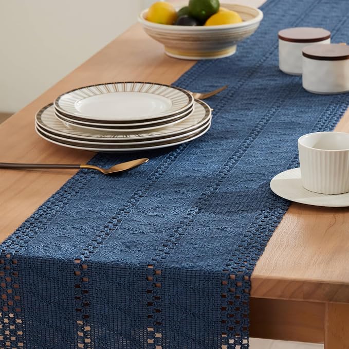 Macrame Style Boho Table Runner, 12x90 Inch Dusty Blue | Woven Boho Table Runner - Image 5