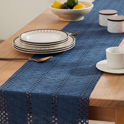 Macrame Style Boho Table Runner, 12x48 Inch Dusty Blue | Woven Boho Table Runner - Image 5