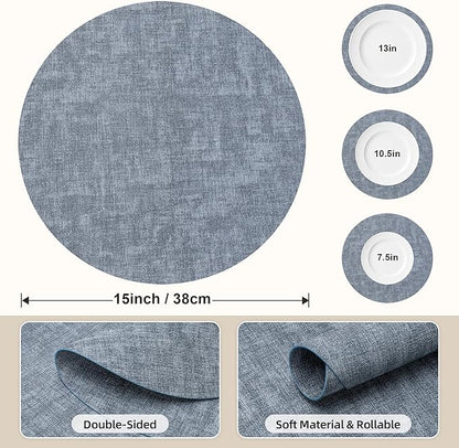 15 inch Faux Leather Round Placemats Set of 4 Non-Slip Washable Wipeable Table Mats, Heat Resistant Waterproof Oilproof Place Mats for Kitchen, Dining, Party, Indoor, Outdoor Blue