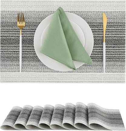 Leetaltree Black with White Woven Placemats Set of 8 - Heat Resistant Non-Slip Place mats for Dining Table, Washable Durable PVC Vinyl Woven Table Mats(Black with White, 8)
