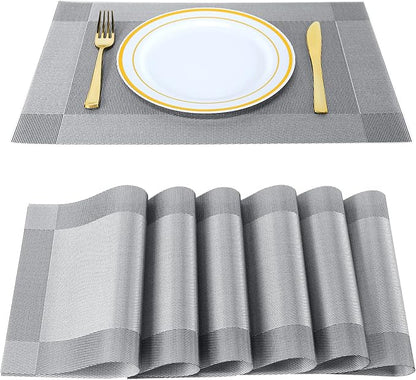 Placemats,Table Place Mats for Kitchen Dining, Heat-Resistant Anti-Skid Stain Washable PVC Table Mats, Easy to Cleaning Woven Vinyl Dinner Mats (Dark Silver, 6 Pack)