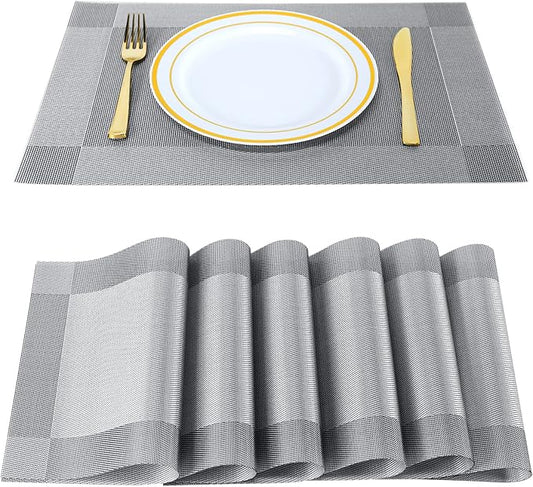 Placemats,Table Place Mats for Kitchen Dining, Heat-Resistant Anti-Skid Stain Washable PVC Table Mats, Easy to Cleaning Woven Vinyl Dinner Mats (Dark Silver, 6 Pack)