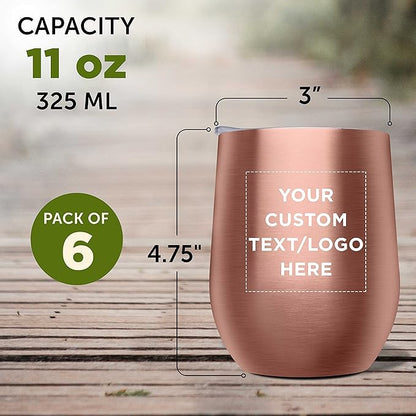 Custom Stemless Wine Glass Tumblers with Lids by Largo 11 oz. Set of 6, Personalized Bulk Pack - Perfect for Wine, Cocktails, Other Hot & Cold Beverages - Rose Gold