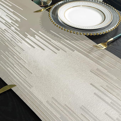Elegant Modern Beige Table Runner, Embroidered Geometric, Tassels | Luxury - Image 5