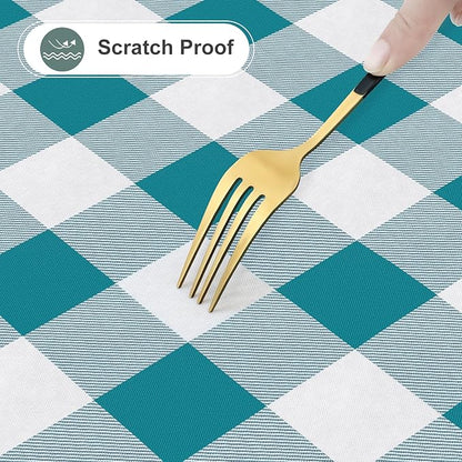 misaya Round Waterproof Vinyl Table Cloth, Buffalo Flannel Backed Tablecloth, Wipeable Plastic Table Cover for Dinner, Kitchen, Picnic (60", Turquoise and White)