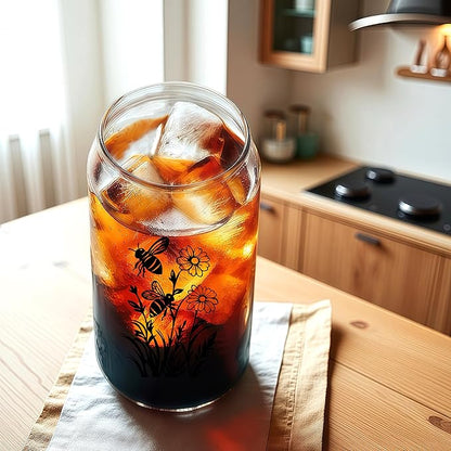 Cute Bee Glass Cup With Lids And Straws, Bee Gift For Women, Iced, Coffee, Smoothie, Cocktail, Beer, Whiskey, Soda, Matcha,16 Oz, Home Office Table Desk Decoration!