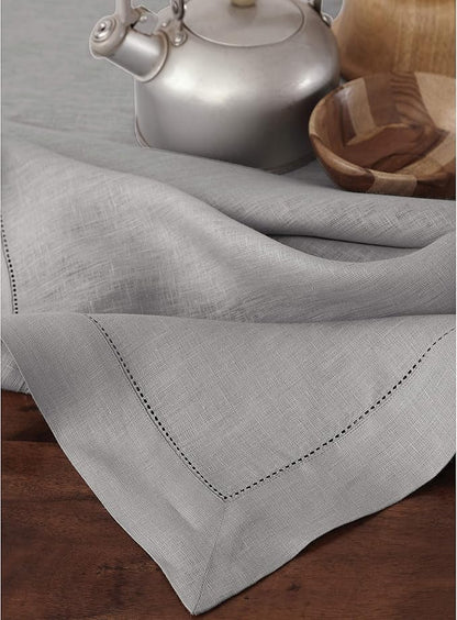 Solino Home Linen Soft Grey Tablecloth 60 x 144 Inch - Classic Hemstitch, 100% Pure Linen Rectangular Tablecloth - Machine Washable Table Cloth for Winter, Spring, Easter