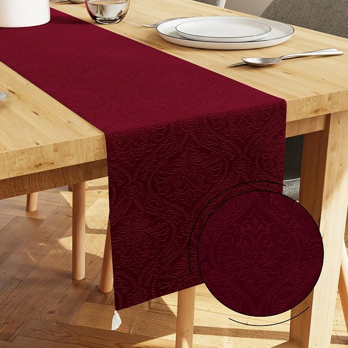 Encasa XO Table Runner, Embossed Velvet, Elegant 13"x94" | Maroon, 175 GSM by EncasaXO