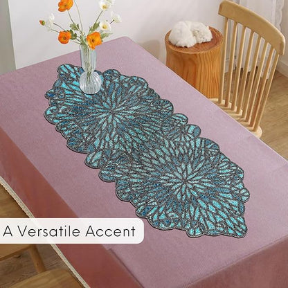 Beaded Table Runner, Floral Art Deco, 13x36 in, polyester backing, sapphire blue - Image 7