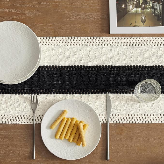 Macrame Style Bicolor Stitching Table Runner, 12 x 108 Inch Black/Ivory - Image 5