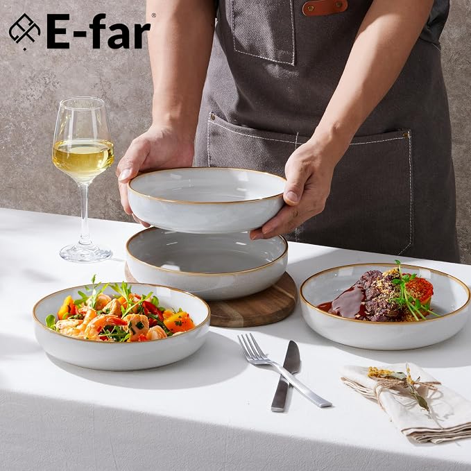 E-far Stoneware Pasta Bowls Set of 4, 35oz Double Reactive Glaze | Wide & - Image 3