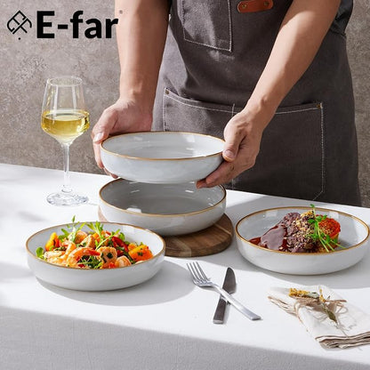 E-far Stoneware Pasta Bowls Set of 4, 35oz Double Reactive Glaze | Wide & - Image 3