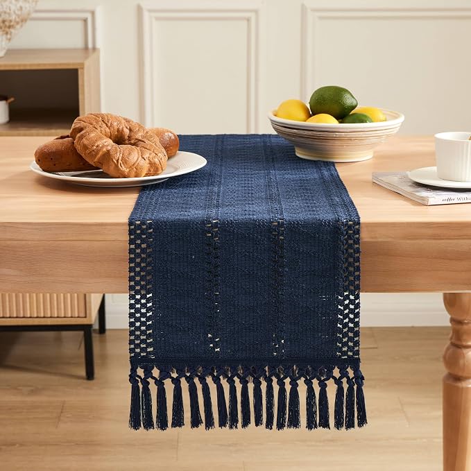 Macrame Style Boho Table Runner, 12x48 Inch Navy Blue | Woven Boho Table Runner - Image 2