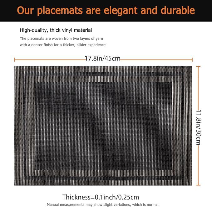 Black Gold Vinyl Placemats Set of 12, Heat Resistant Table Placemats | 18x12 - Image 3