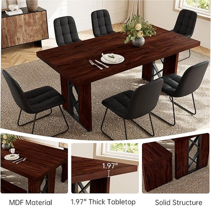 7-Piece Dining Table Set for 6 People, 70.8" MDF Kitchen Table with 6 Upholstered Chairs, Space-Saving for Dining Room, Breakfast Nook(Walnut Table+6 U-Shaped Black Chairs)