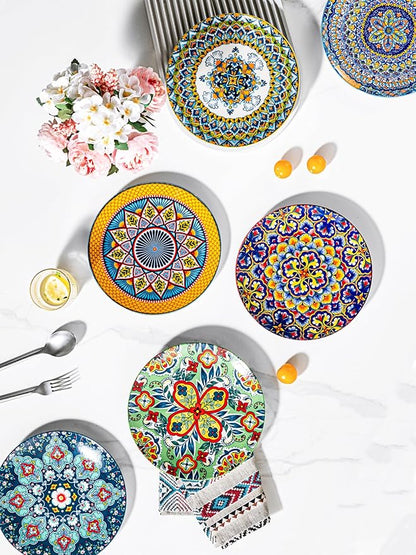 HENXFEN LEAD Ceramic Dessert, Salad Plates 8.5 Inch, Small Dinner Plate Set of 6- Serving Dishes for Thanksgiving & Christmas, Dishwasher & Microwave Safe - Bohemian Style